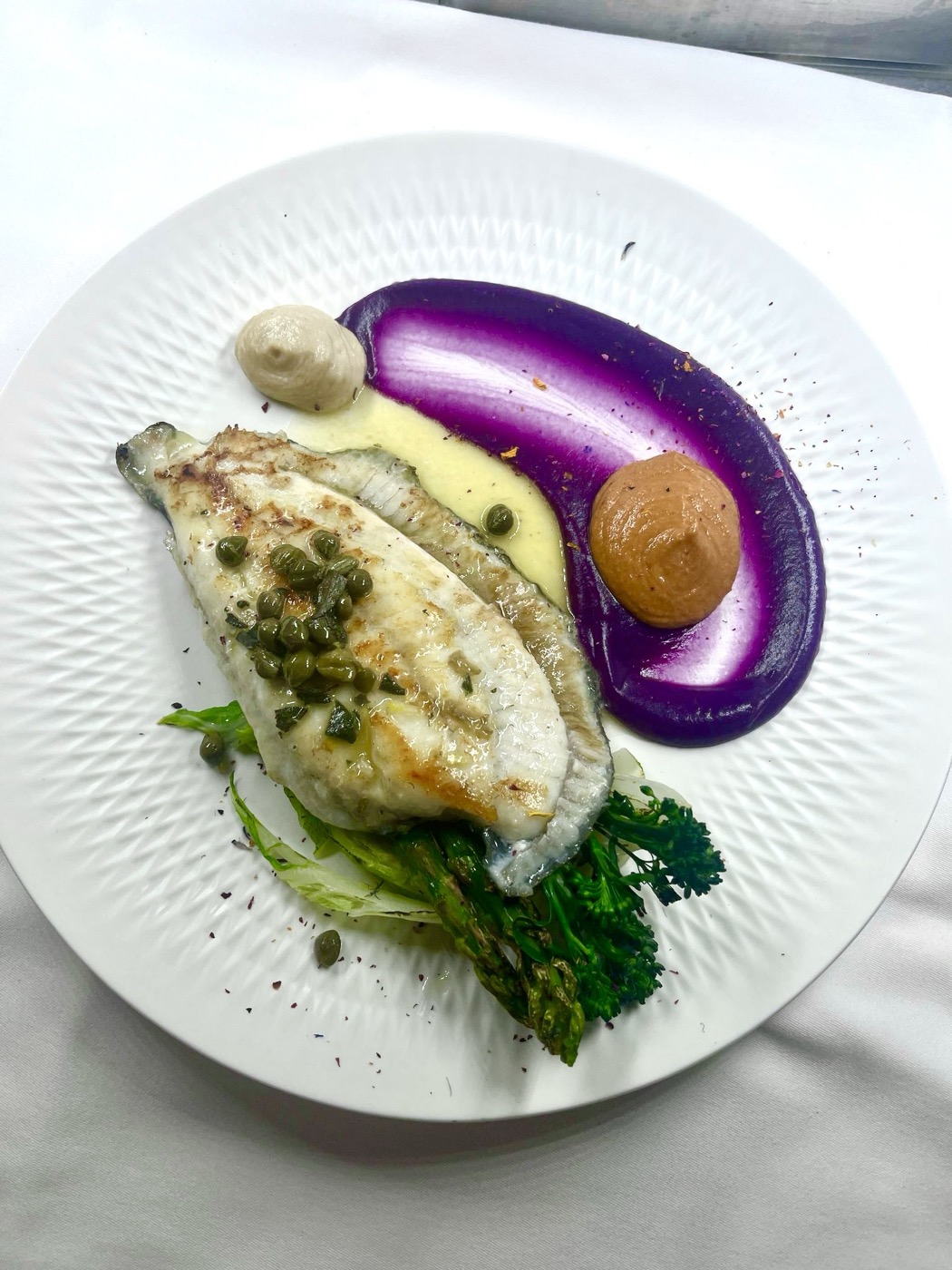 Turbot with colourful purées and vegetables, from Sergi’s own cooking portfolio